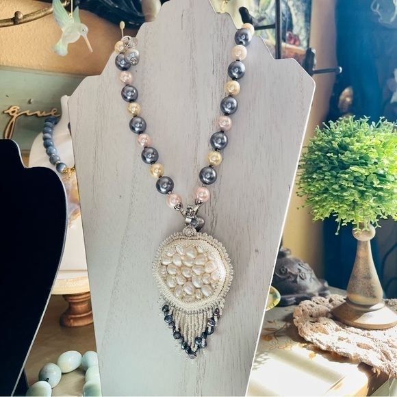 DANLENA Long Beaded Pearl Silver Necklace Earring Set Leather Handmade N… - Picture 6 of 7